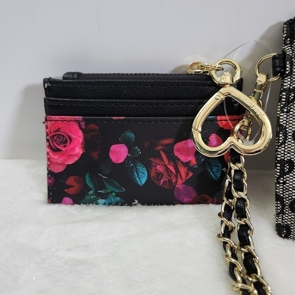 Juicy Culture Black Beige Floral Wristlet Credit Card Key Chain 2 Piece Set NWT - Picture 11 of 14